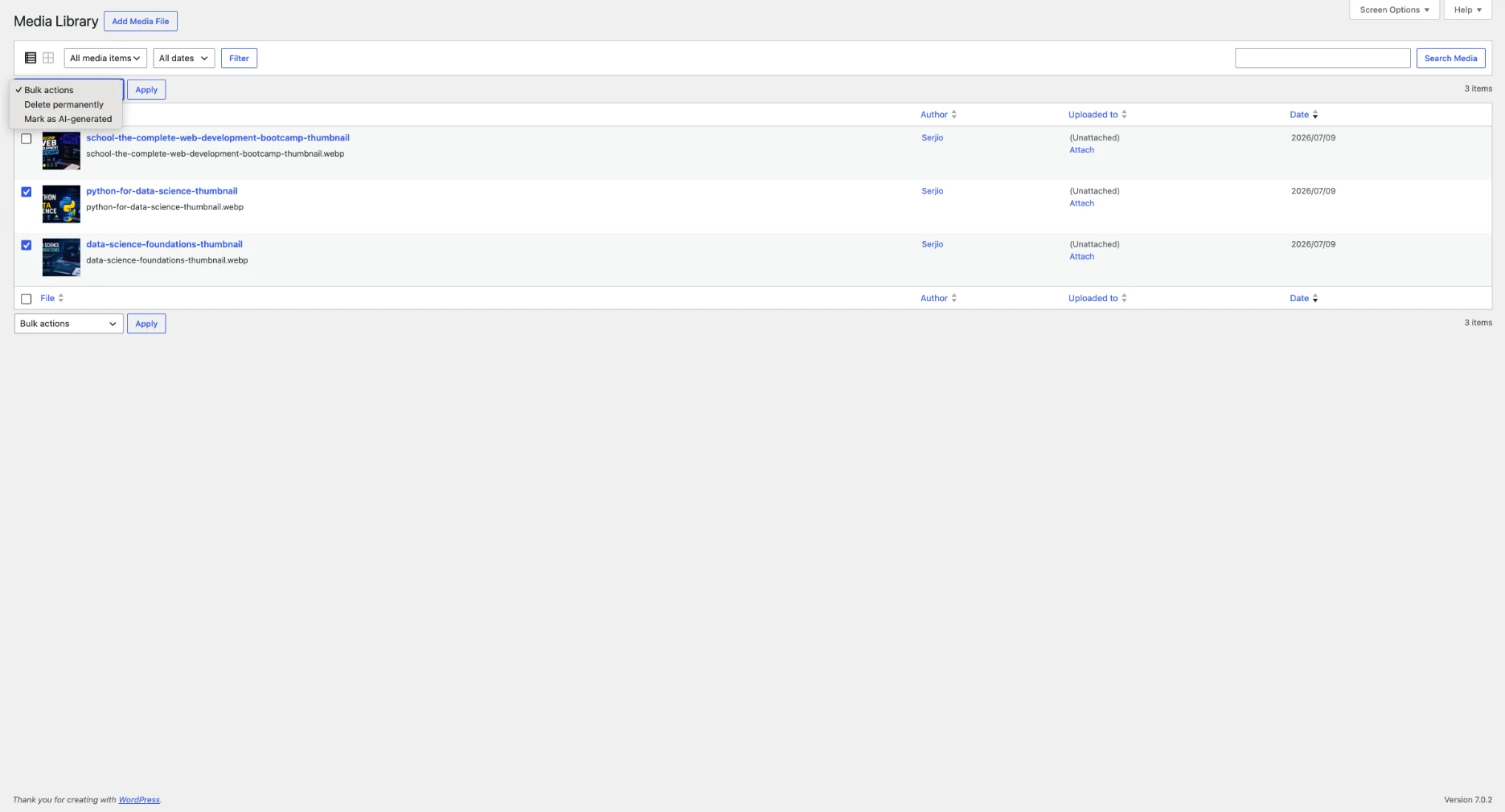 Media library with several files selected and the bulk labelling action chosen