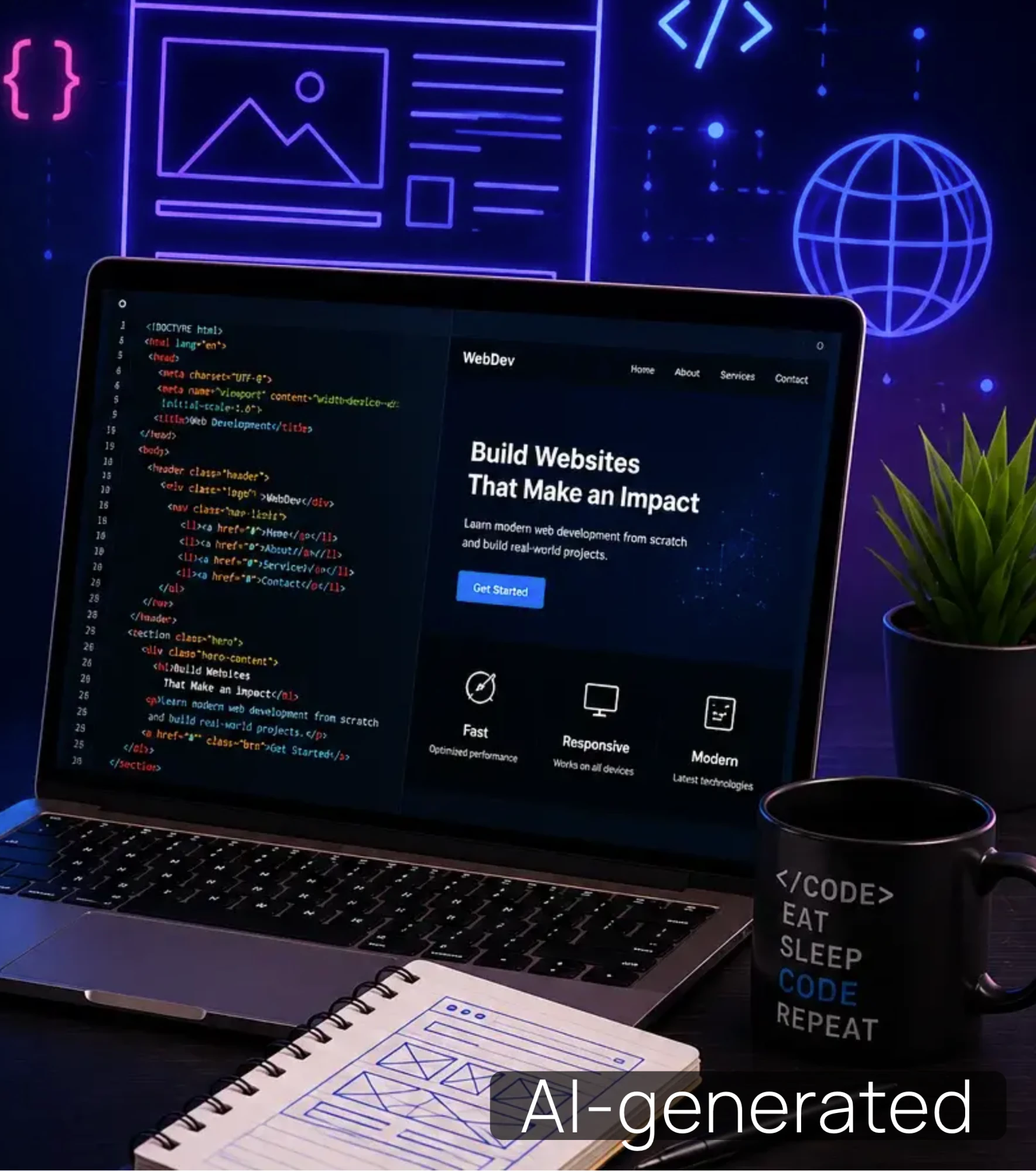 Изображение на сайте с крупной пометкой «AI-generated» в углу