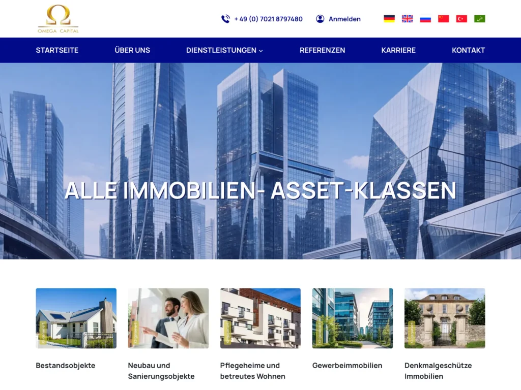 Раздел недвижимости на сайте Omega Capital: классы объектов