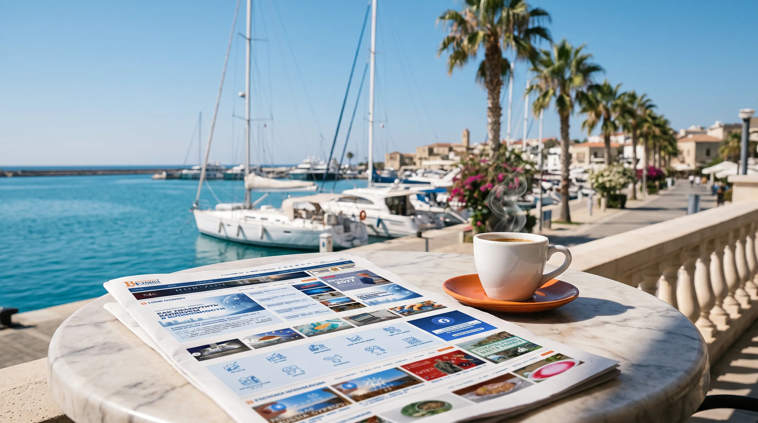 Разработка сайта онлайн-газеты «Вестник Кипра»: газета и кофе на набережной Лимасола, обложка кейса