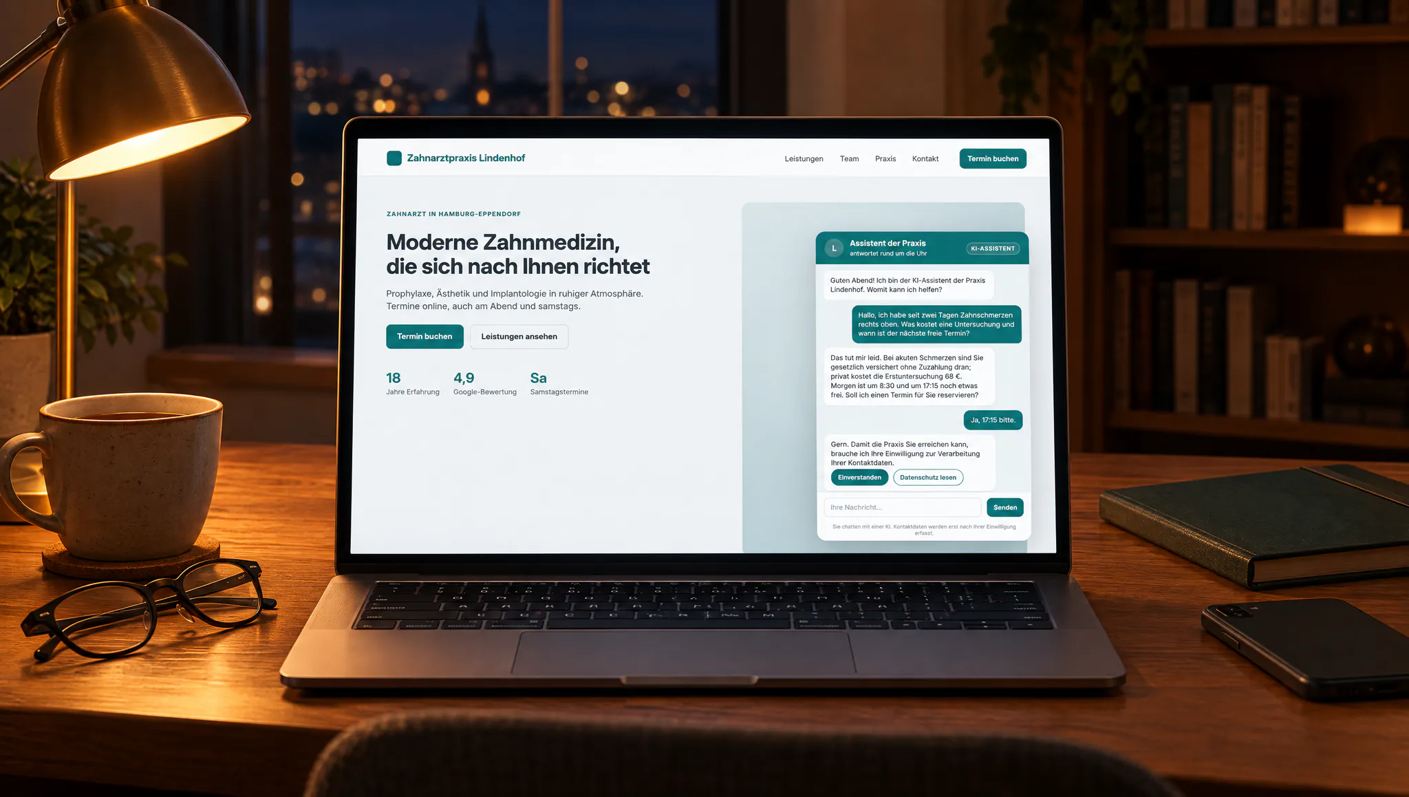A laptop on a desk in the evening with an AI assistant chat on a dental clinic website, a lamp, cold tea, an empty chair: cover of a case about developing an AI assistant