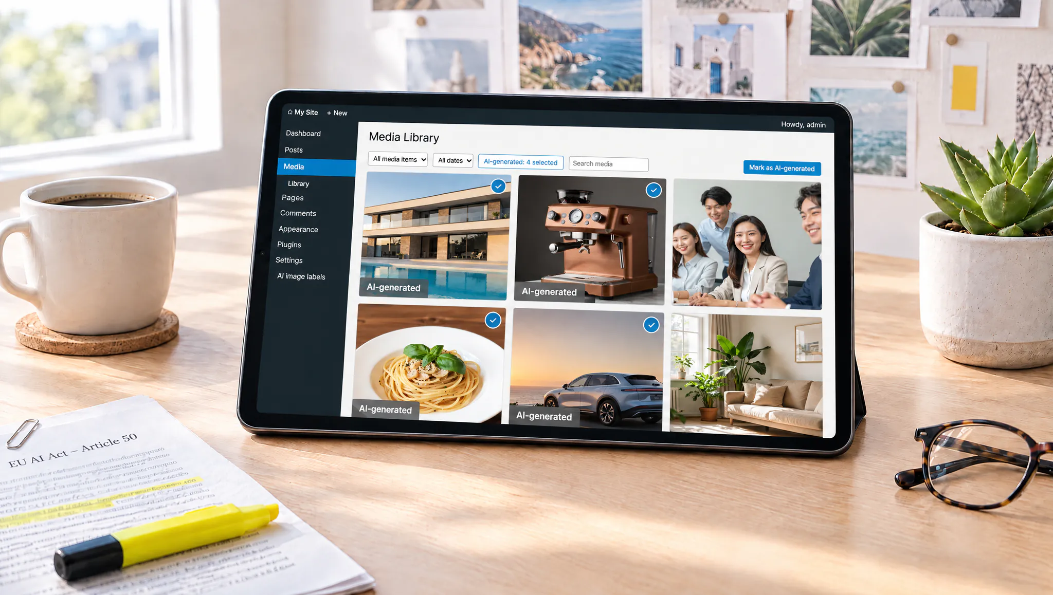 A tablet with the WordPress media library, some images marked with an AI-generated badge, next to a printout of the EU AI Act and a highlighter: cover of a case about an AI image labeling plugin