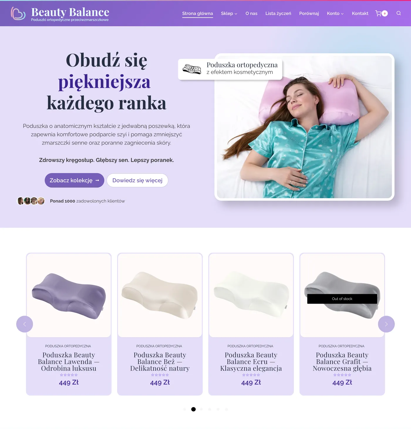 Beauty Balance home page: “Wake up more beautiful every morning” headline, pillow photo and a carousel of four colours