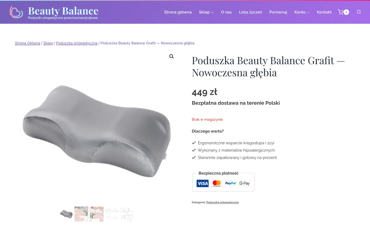 “Beauty Balance Grafit” product page: price, free delivery, three arguments and payment badges