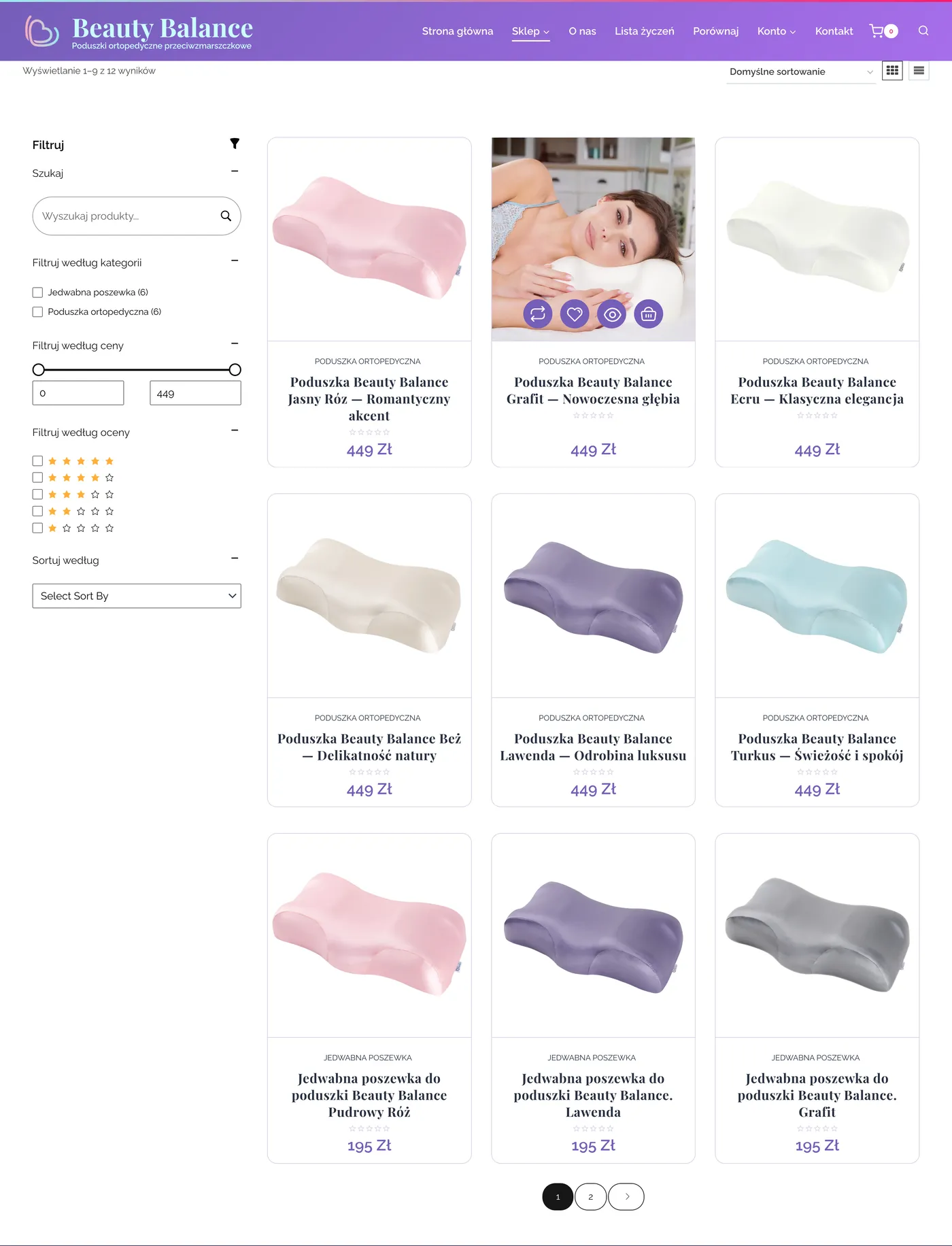 Beauty Balance catalogue: filters by category, price and rating, six pillow colours and pillowcases