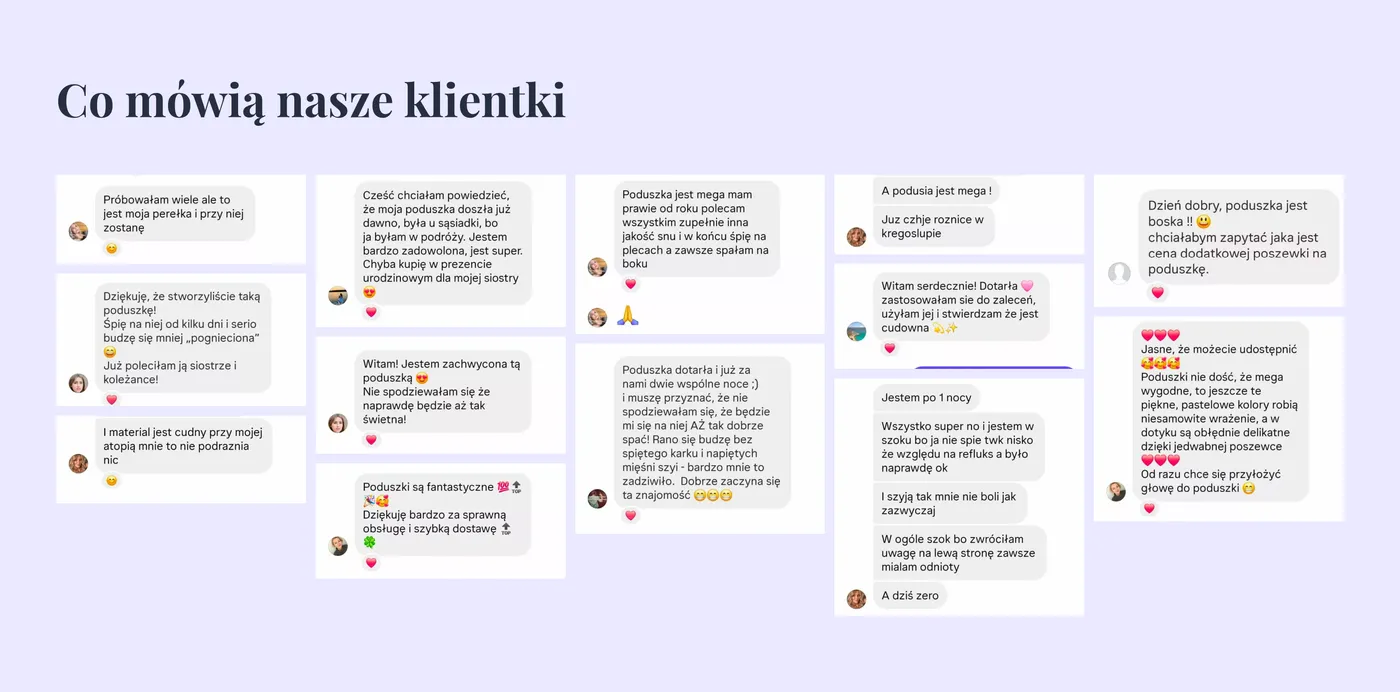 “What our customers say” section: reviews as chat screenshots