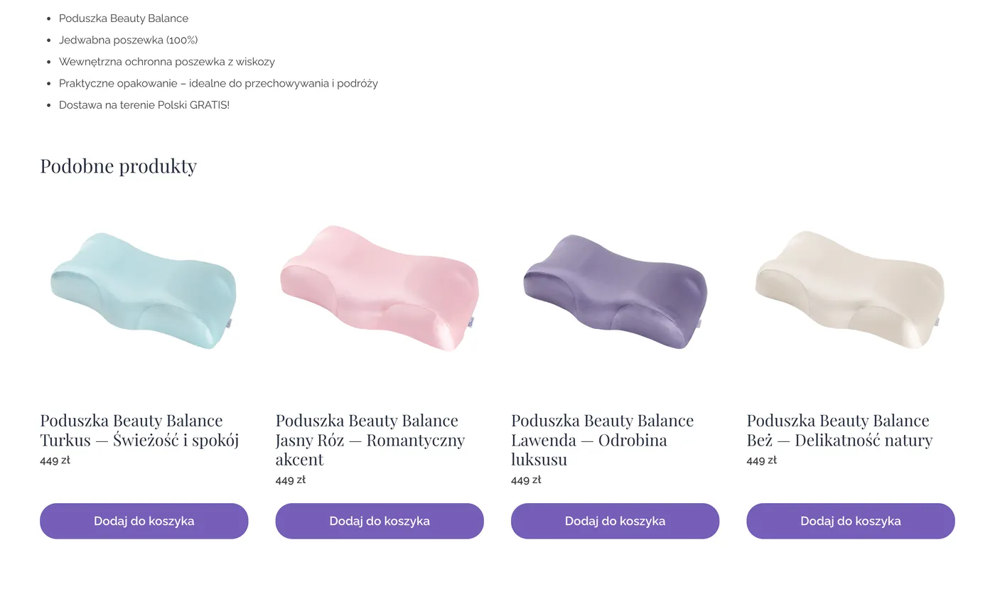 “Related products” block: four pillow colours with “Add to cart” buttons