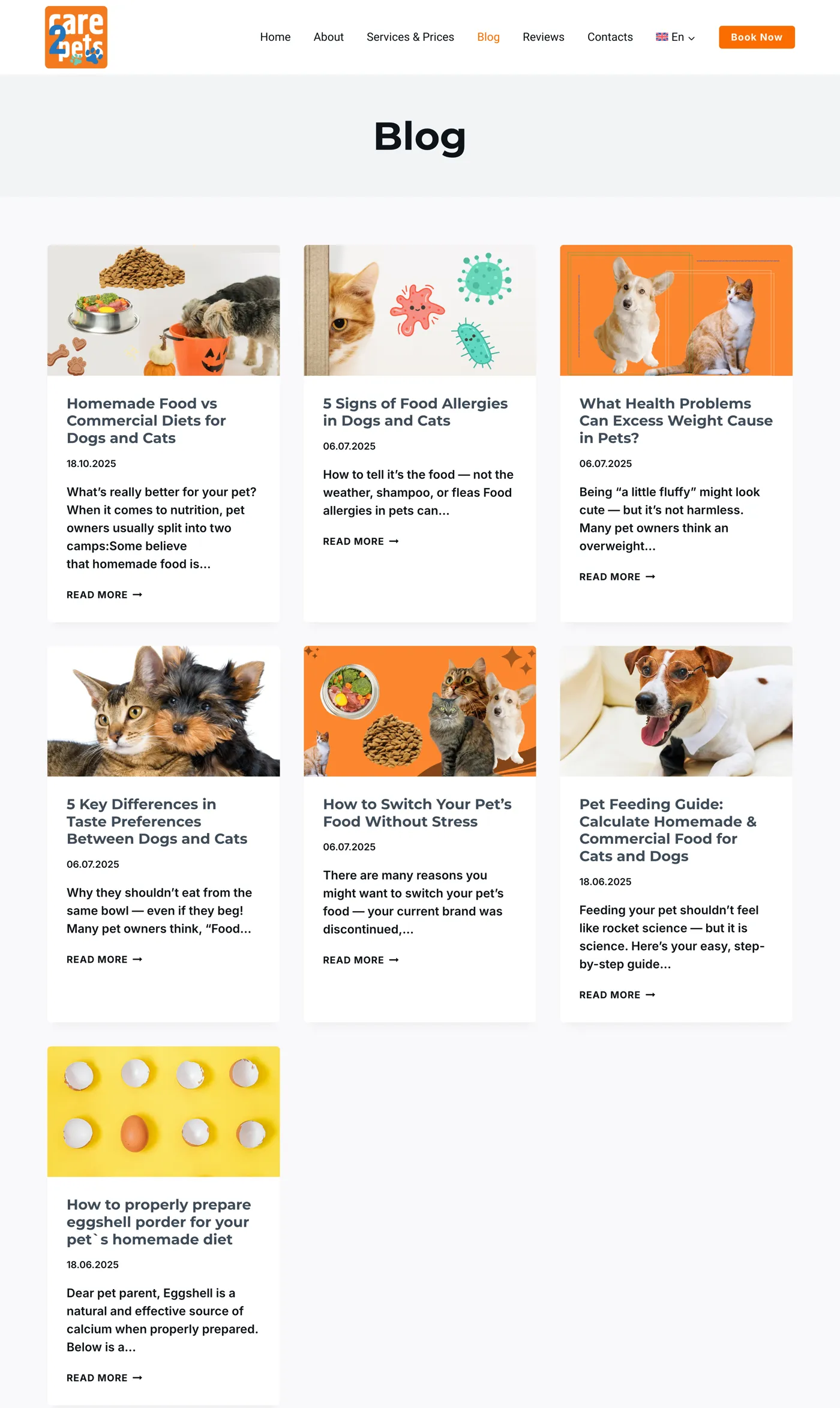 Care2Pets blog: articles on homemade food vs. kibble, allergies, switching food and excess weight