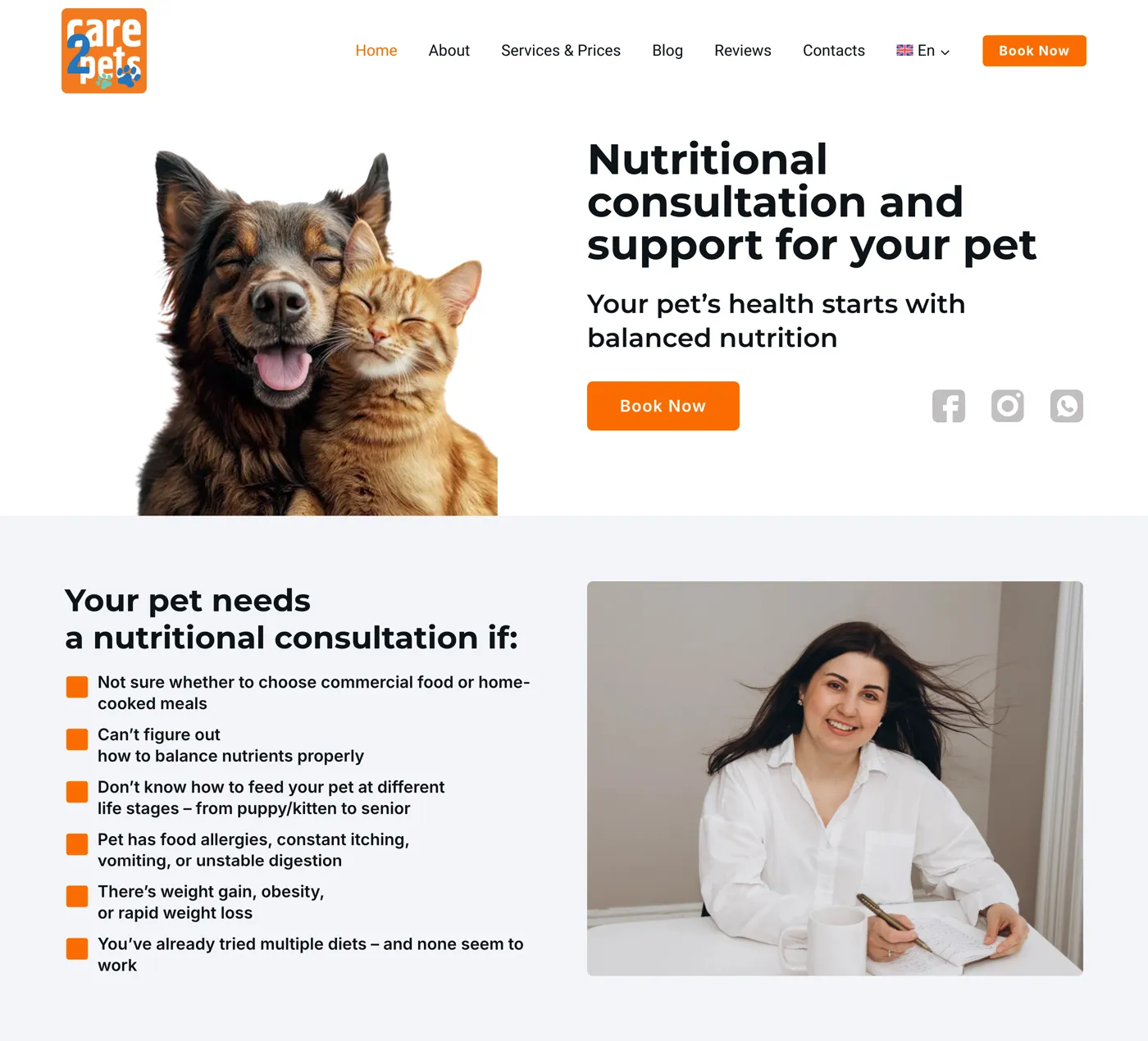Care2Pets home page: pet nutrition consultations, booking button, the situations that call for a consultation