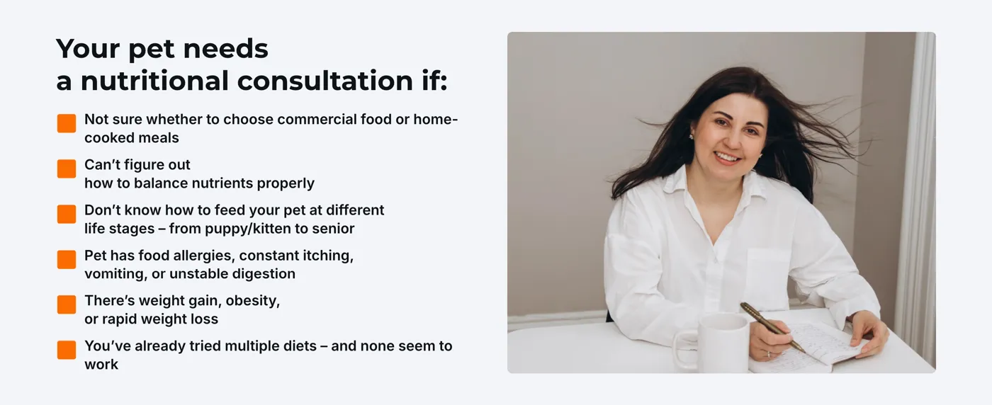 “Your pet needs a nutritional consultation if” block on care2pets.com