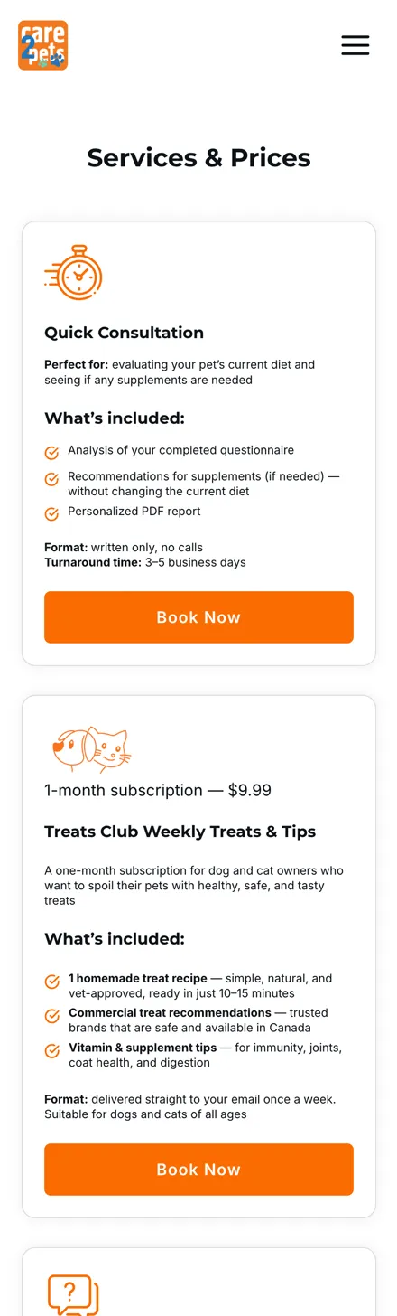 Care2Pets Services & Prices on mobile