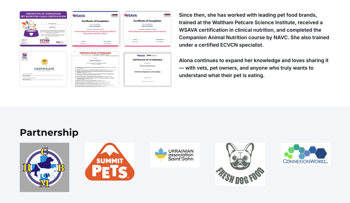 WSAVA, NAVC and NUBiP certificates on the Care2Pets About page, with partner programme badges