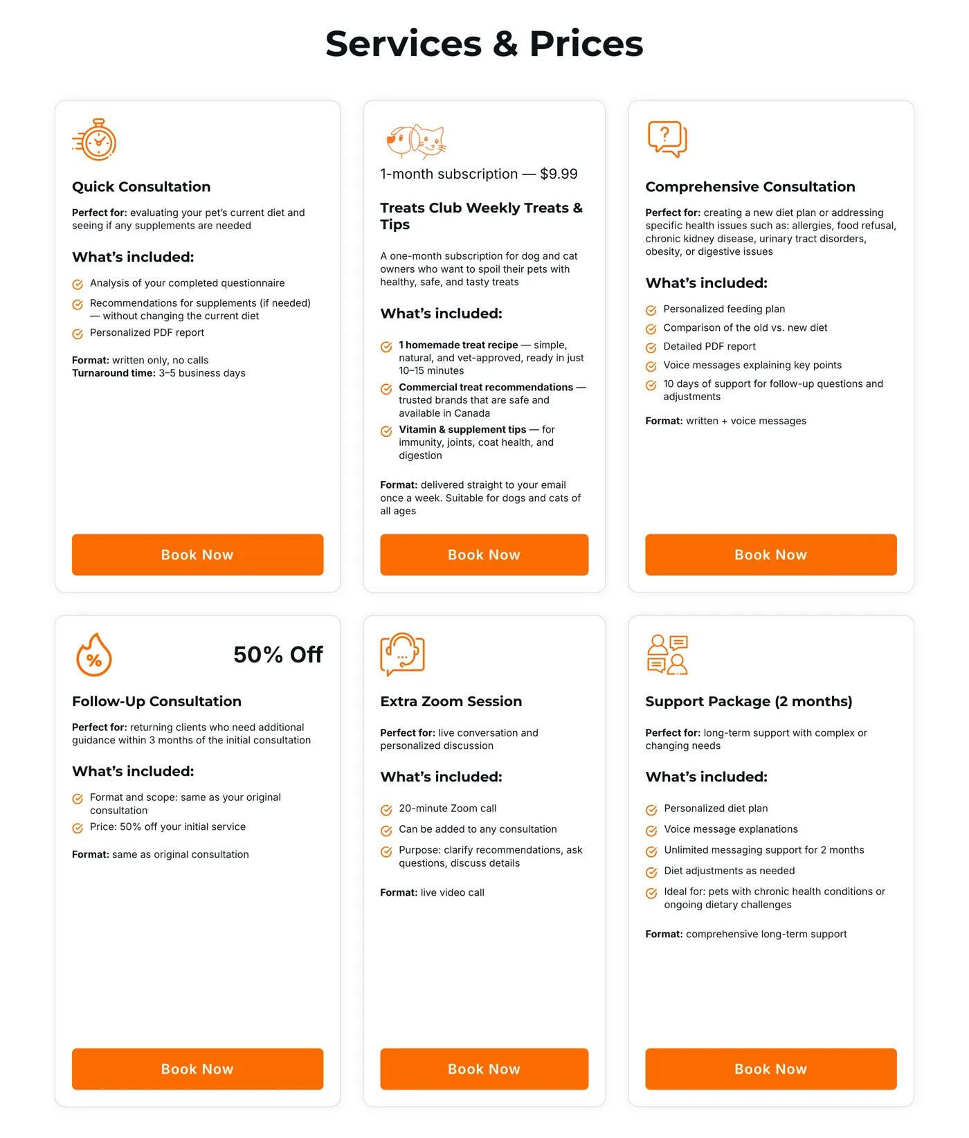 Care2Pets Services & Prices page: six consultation formats with prices and booking buttons