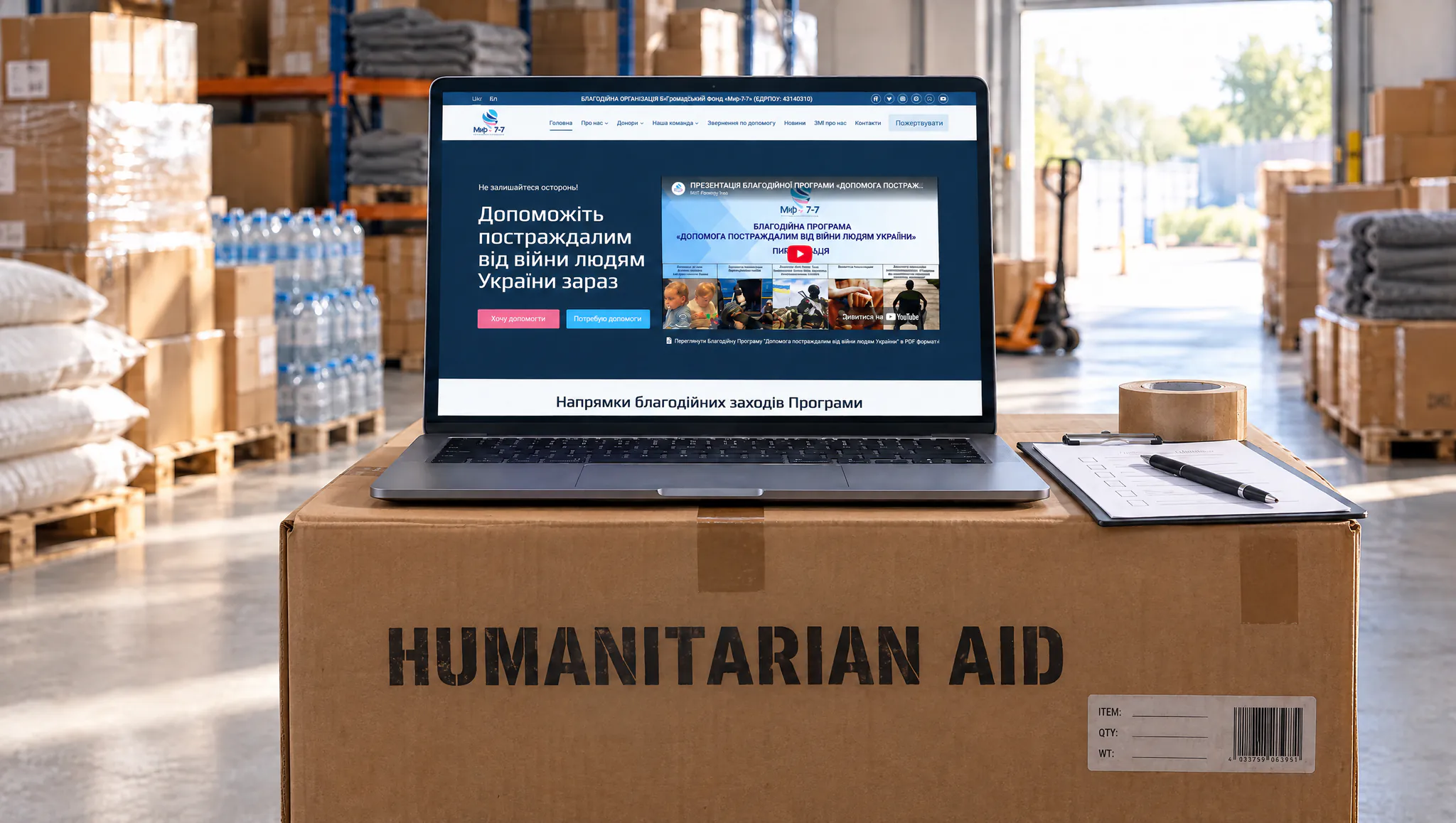 A laptop with a charity foundation website on a large box of humanitarian aid in a warehouse: cover of a case about building a foundation website