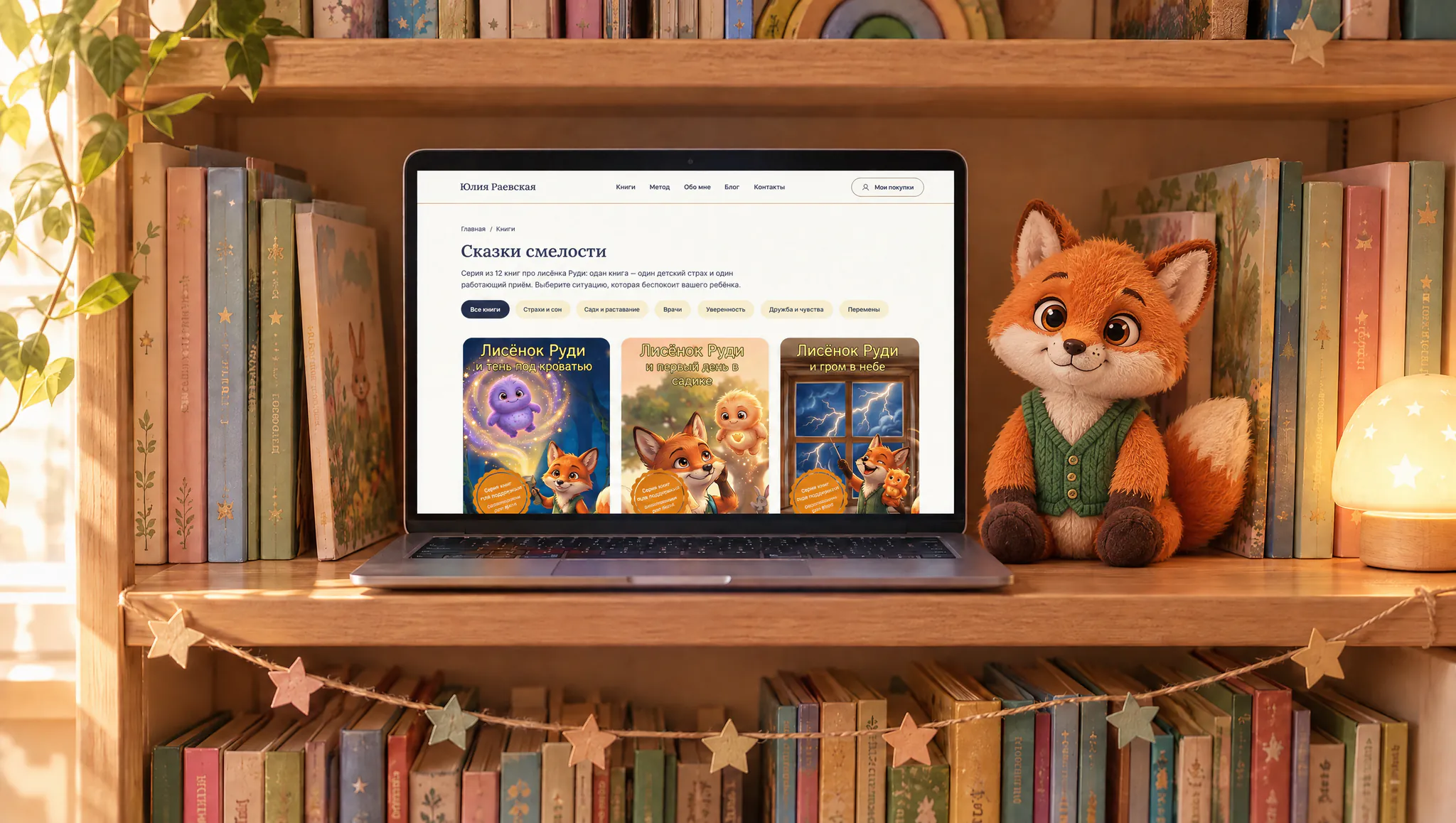 A laptop with the Tales of Courage children's book store on a bookshelf, next to Rudi, a plush fox cub in a green vest: cover of a case about developing an online bookstore