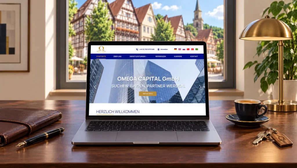 Omega Capital website on a laptop screen