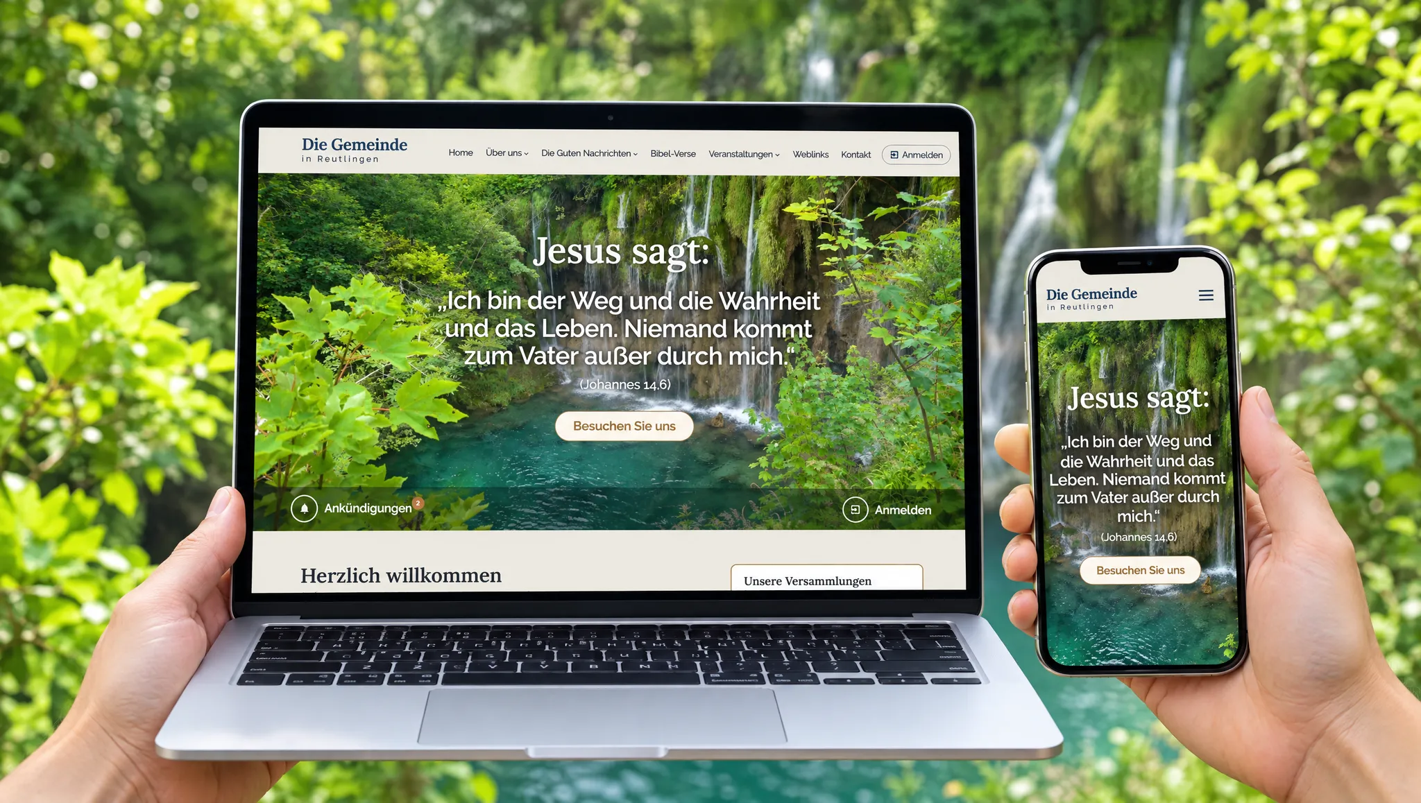 Case cover: a laptop and a phone with a church community website in Reutlingen, a waterfall in the background