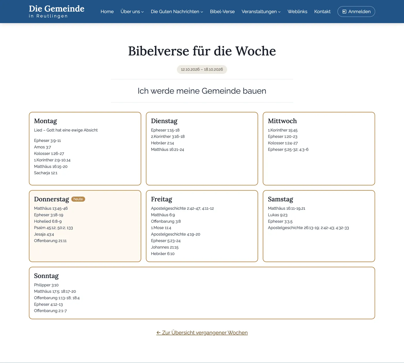 “Bibelverse für die Woche” page: verses by day of the week in cards