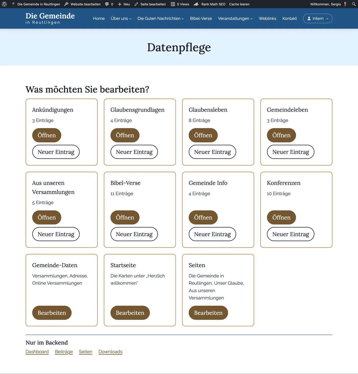 Custom “Datenpflege” panel: tiles for announcements, articles, verses, conferences with “Open” and “New entry” buttons