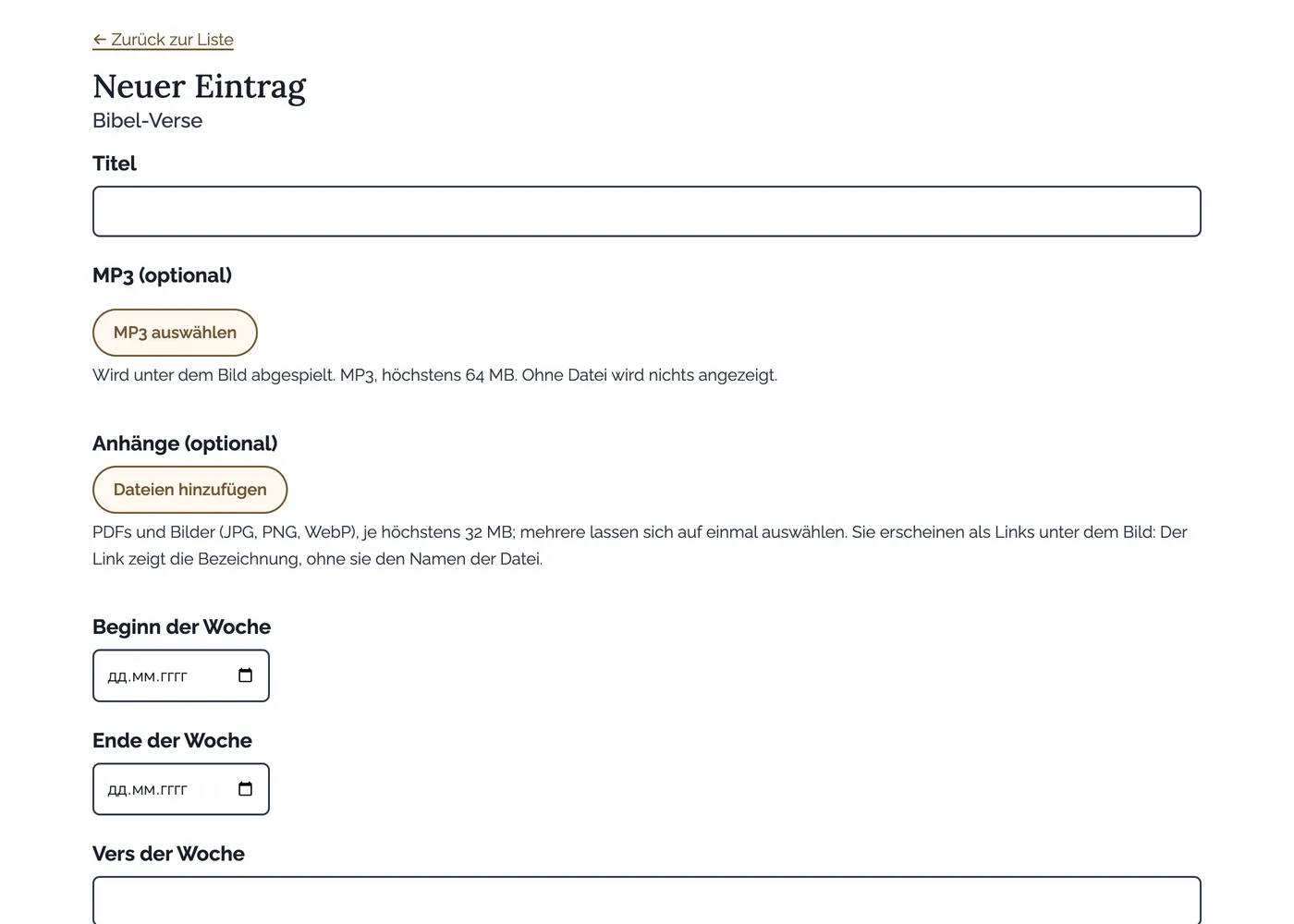 New “Bibel-Verse” entry form: title, MP3, attachments, week dates, verses per day