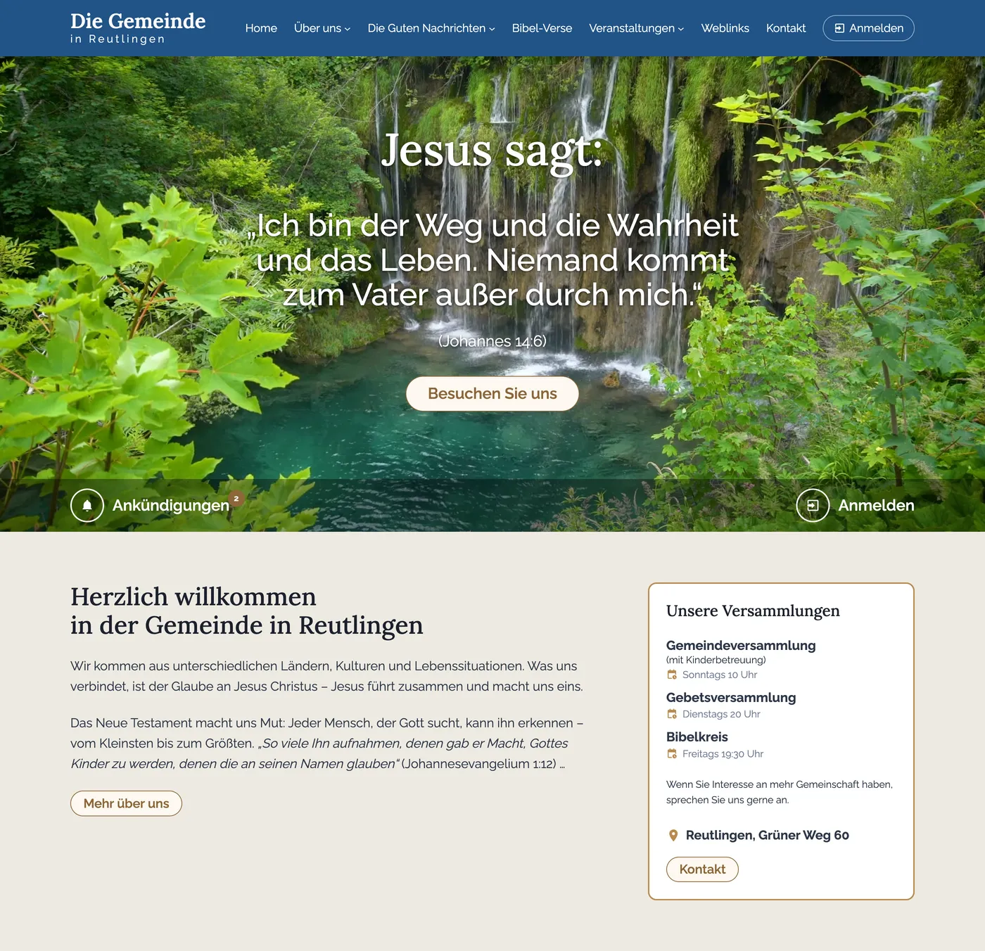 Home page of the Reutlingen church site: waterfall video, the quote “Jesus sagt”, announcement and login buttons