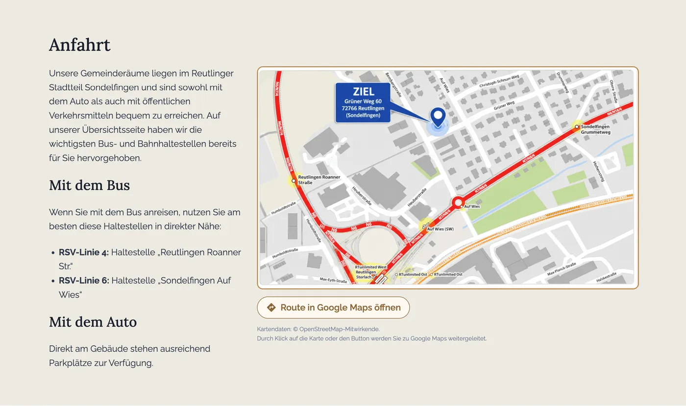 “Anfahrt” section: a custom directions map with stops instead of Google Maps