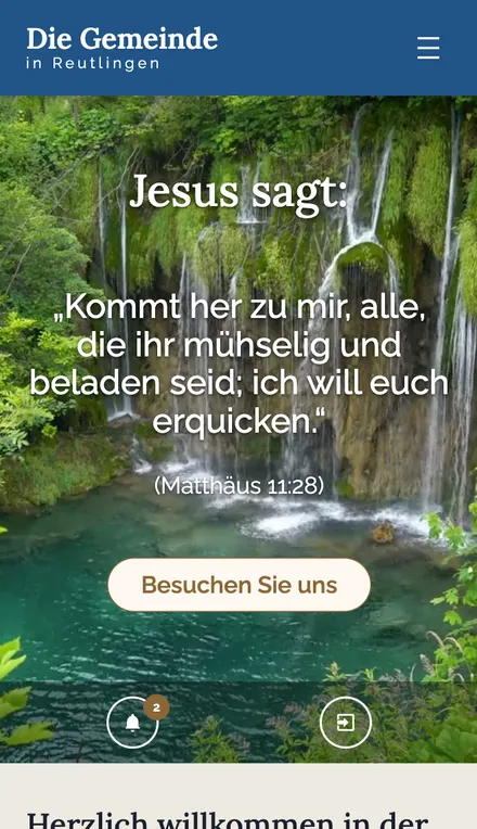 Home page on a phone: video, quote, announcement bell