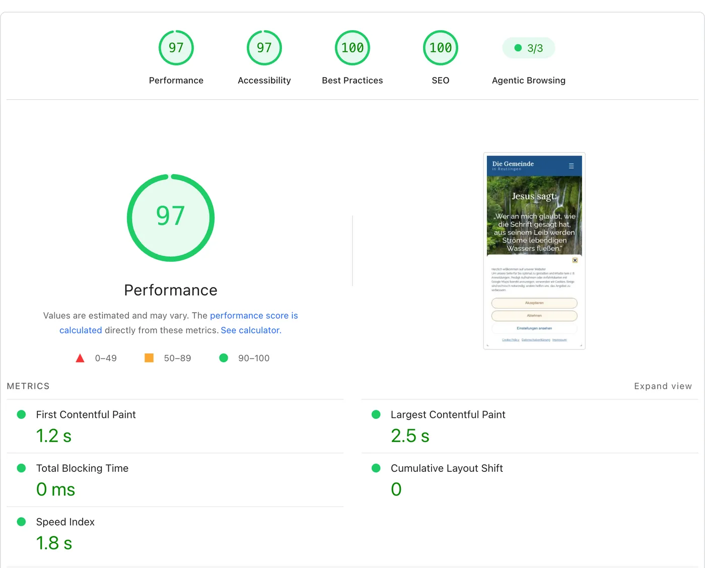 PageSpeed Insights report for gemeinde-reutlingen.de on mobile: 97 performance, 97 accessibility, 100 best practices, 100 SEO