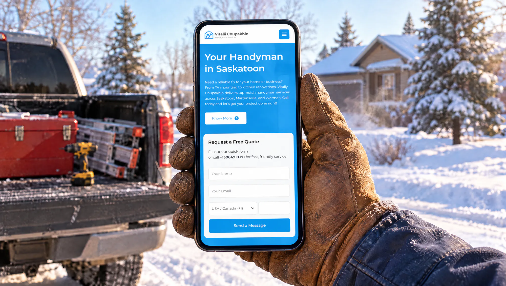 A hand in a work glove holding a phone with a handyman website and its request form, a pickup truck with tools by a snowy house behind: cover of a case about a handyman website