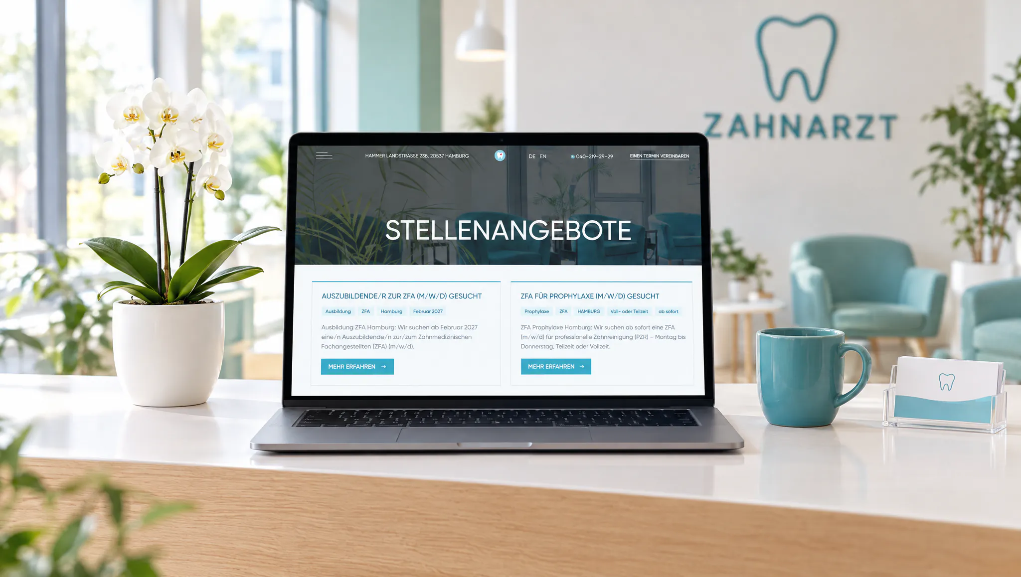 A dental practice reception desk with a laptop showing a Stellenangebote job listings page: cover of a case about a job listings plugin for the Herzel practice in Hamburg