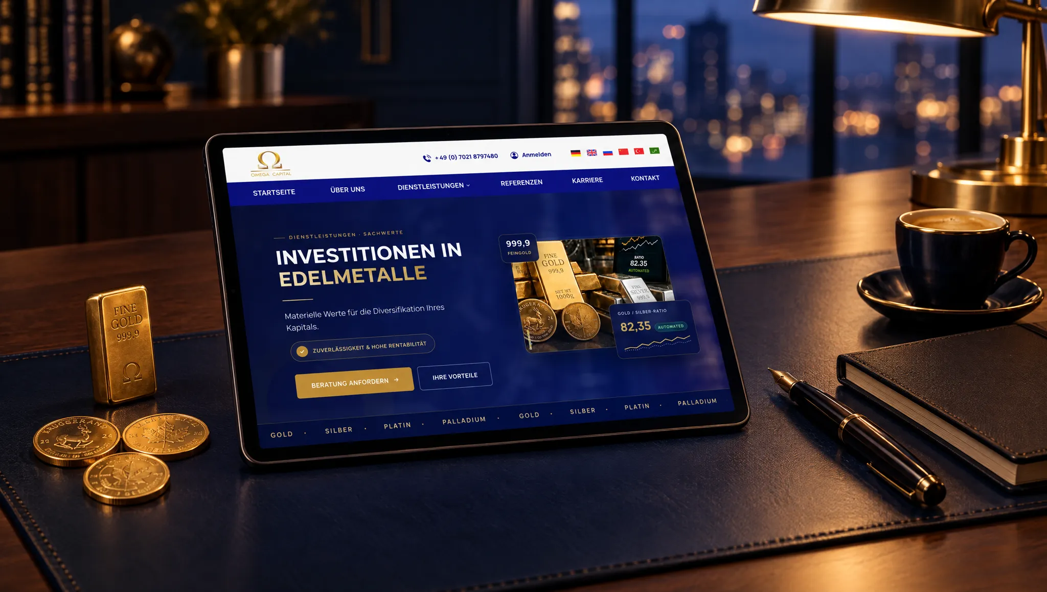 Case cover: a tablet with a landing page about investing in precious metals on a desk with a bar and coins