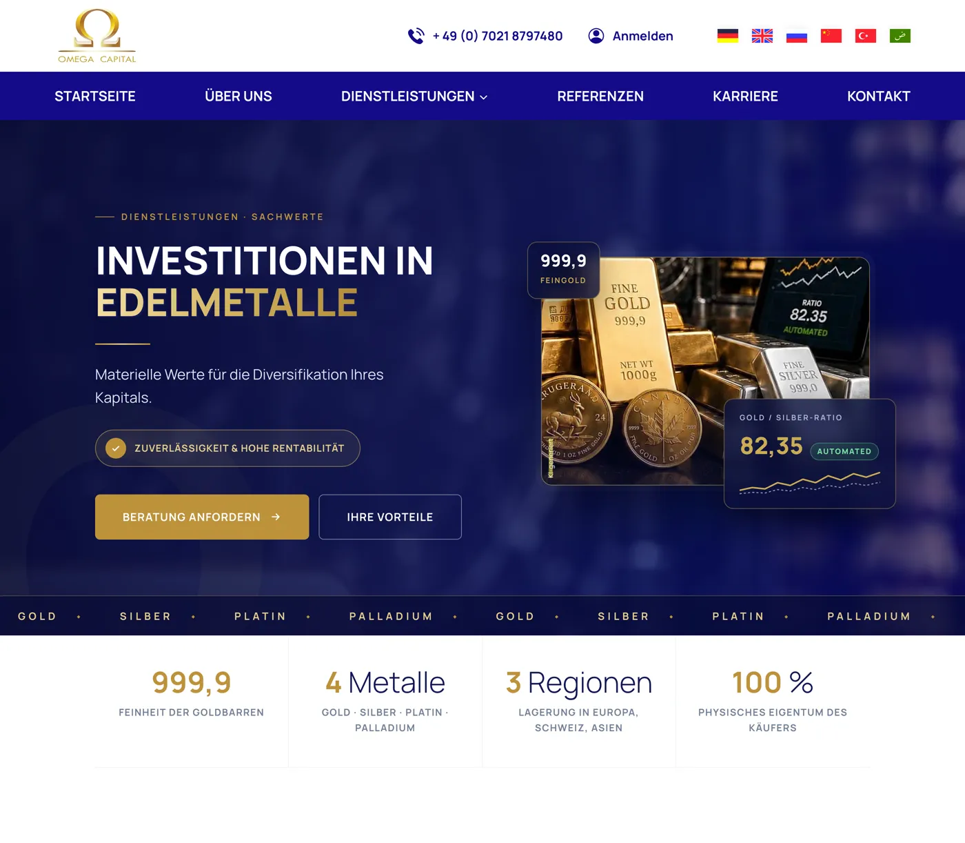 Above the fold of the precious-metals landing page: headline, buttons and numbers