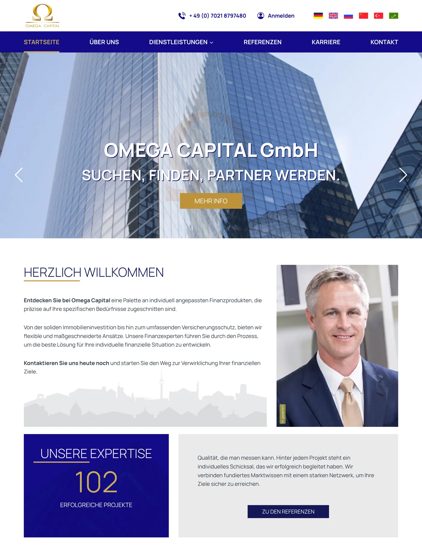 Omega Capital home page: three business lines and a partner login
