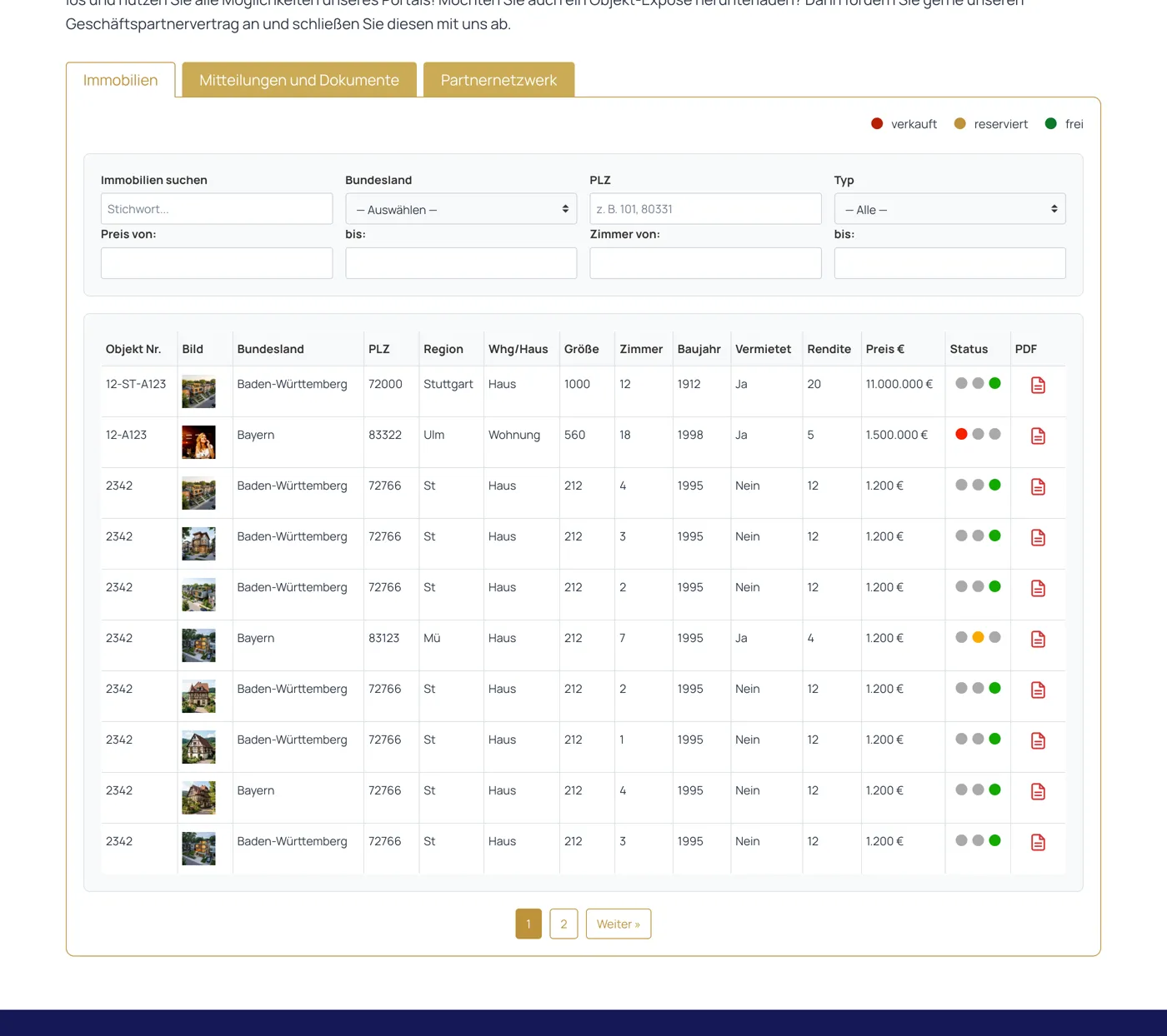 Omega Capital partner area: property catalogue with filters and statuses