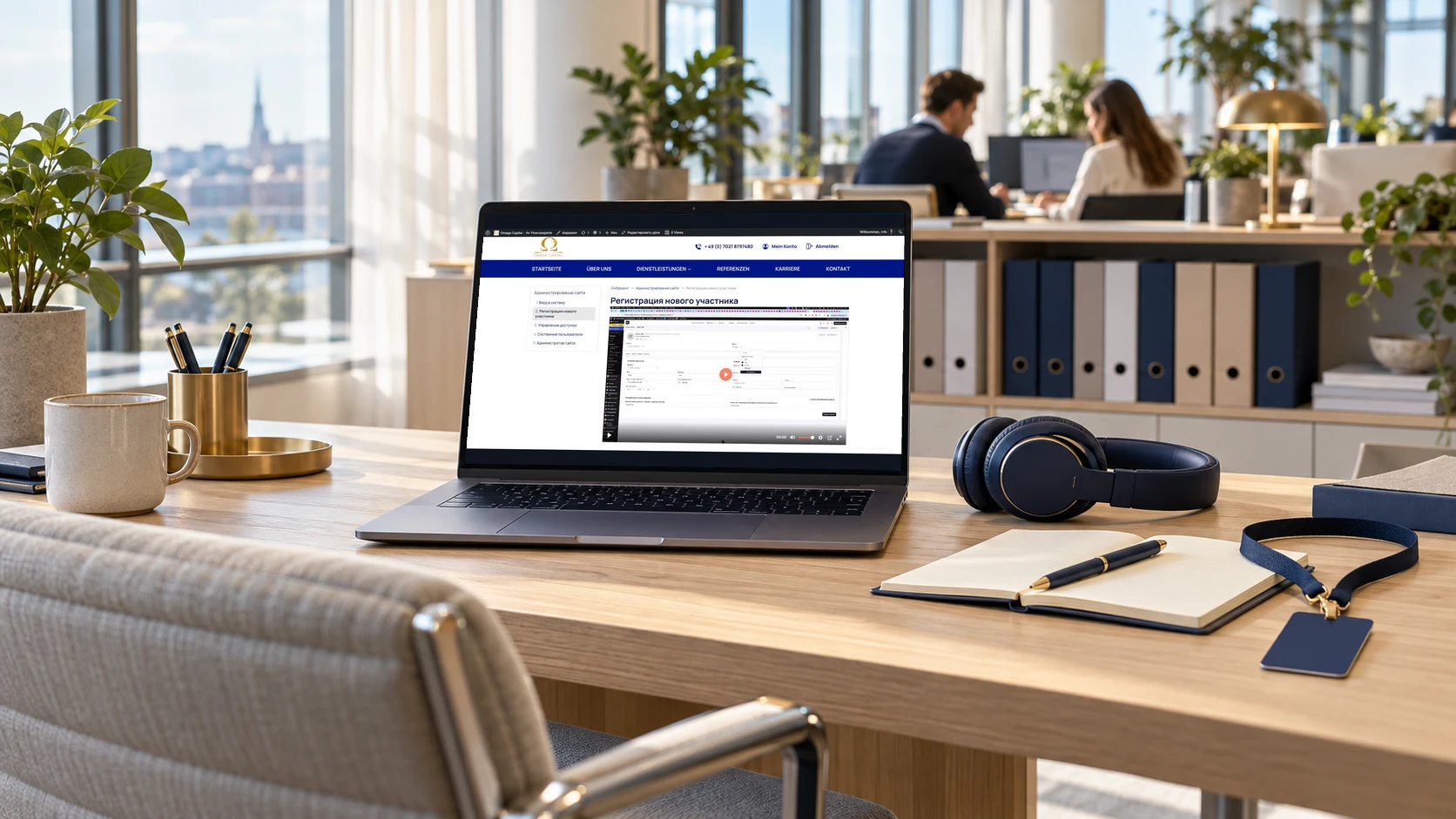 A laptop with a lesson from Omega Capital's private knowledge base on a desk in a bright office, next to headphones, a notebook and a badge: cover of a case about a knowledge base plugin