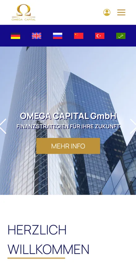 German version of the Omega Capital home page on mobile