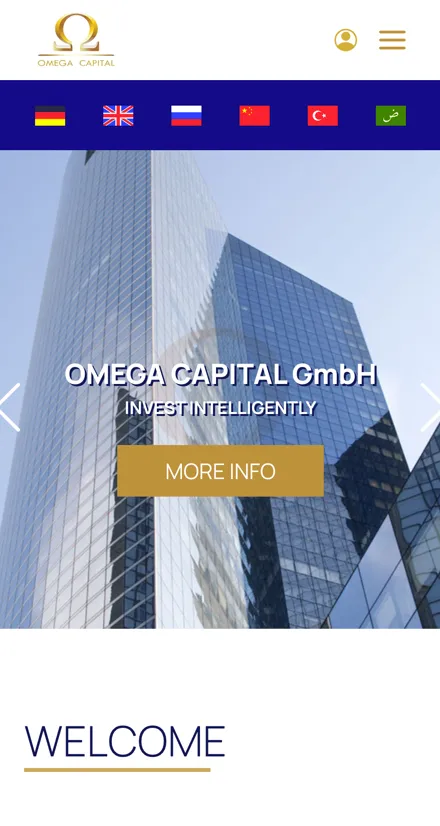 English version of the Omega Capital home page on mobile
