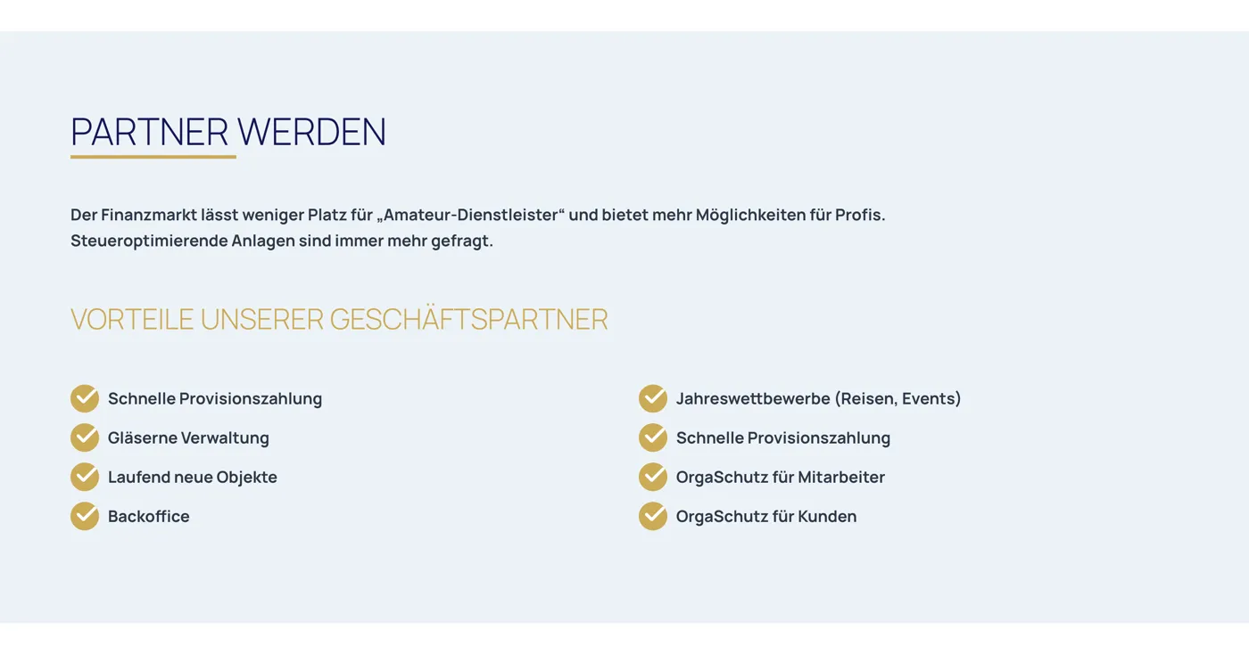 “Partner werden” section on omega-capital.de: partner benefits