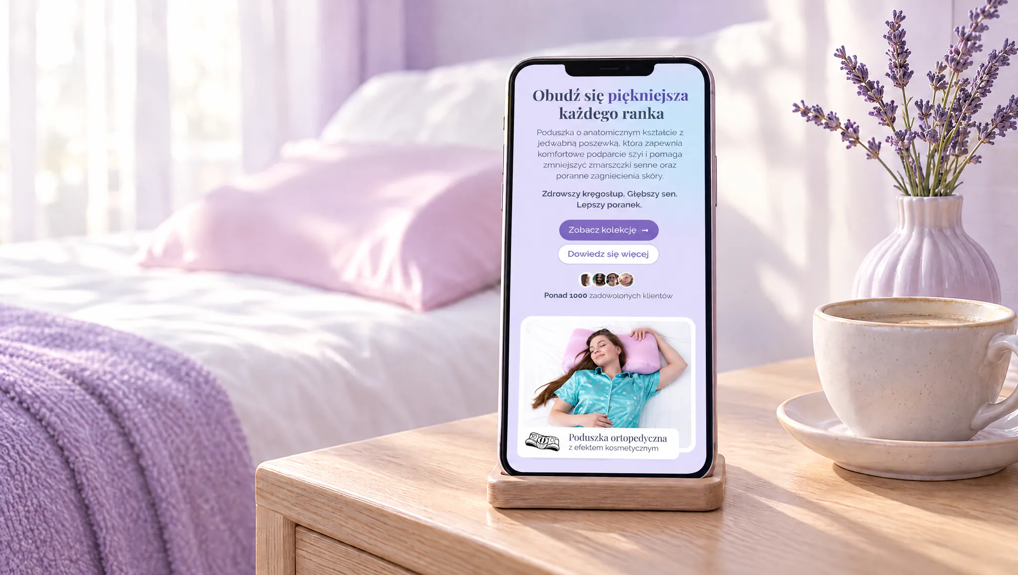 A phone on a bedside table with the mobile page of an orthopedic pillow store, a lilac bedroom in the morning: cover of a case about building an online store