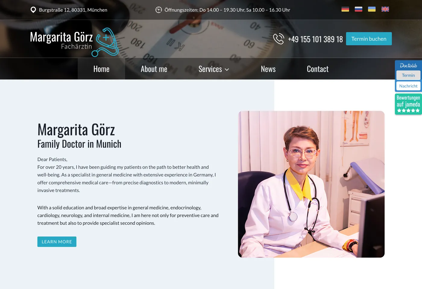 Home page of Dr Margarita Görz's private practice in Munich: the doctor, address, office hours and booking button