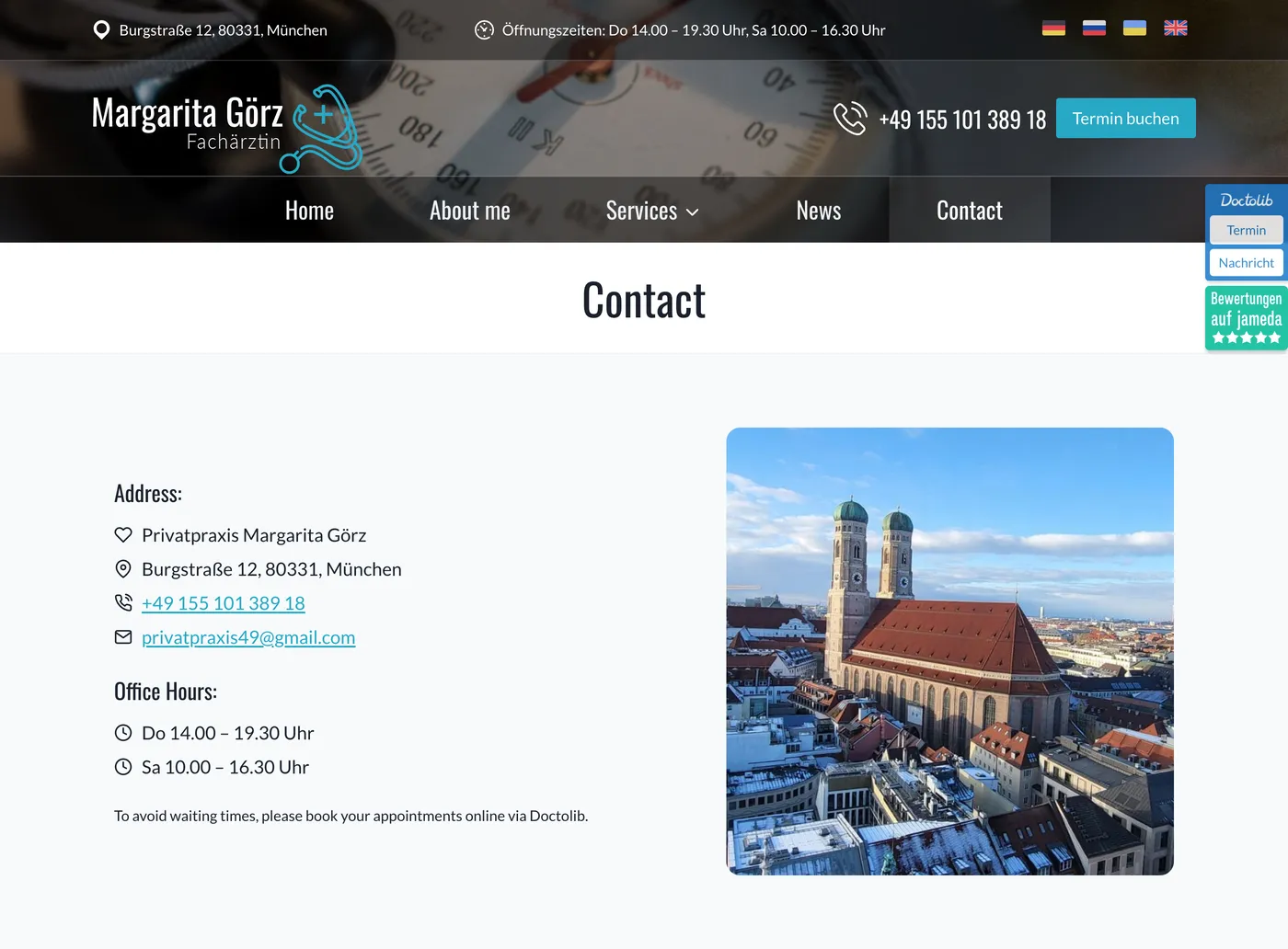 Contact page: address, phone, office hours and a photograph instead of a Google map
