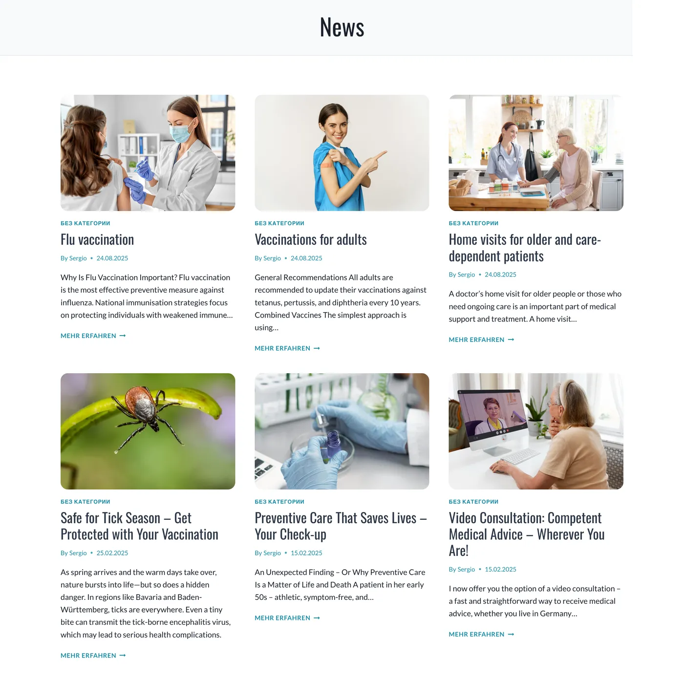 News section on the doctor's site: articles on vaccinations, prevention and home visits