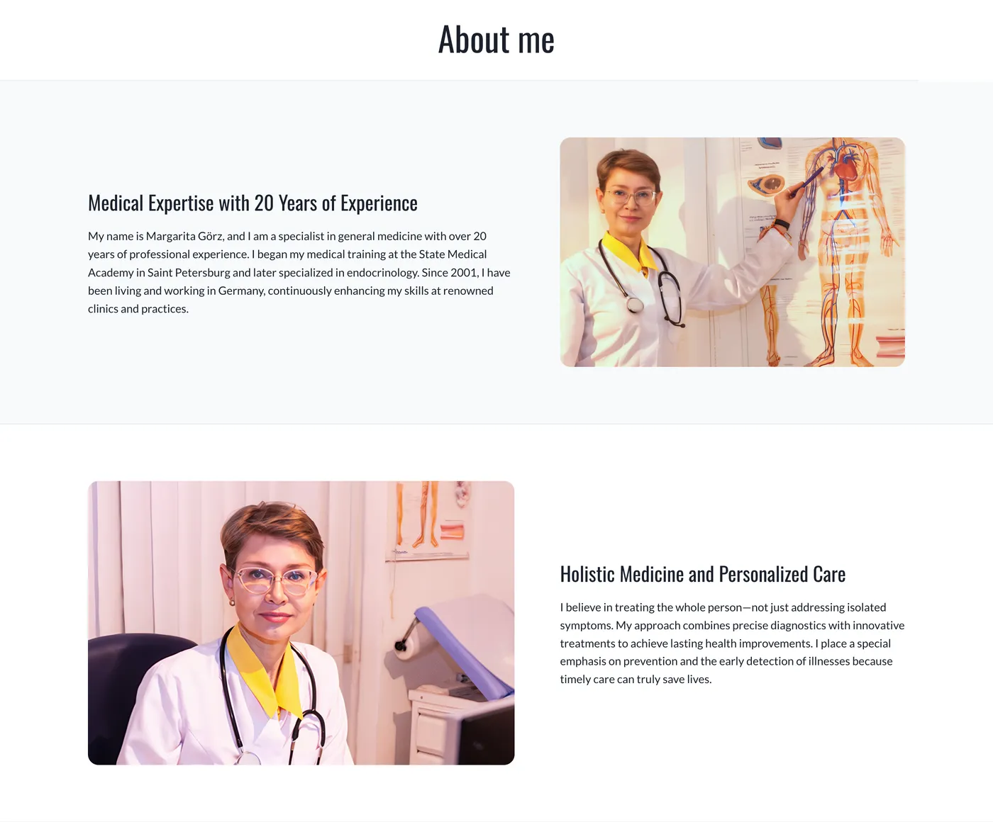 “About me” page on the doctor's site: experience, approach to treatment, specialities