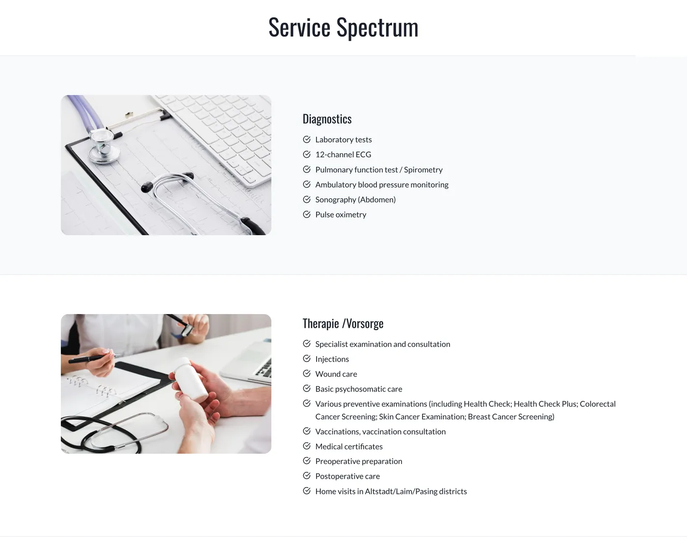 “Service Spectrum” page: diagnostics and therapy as lists
