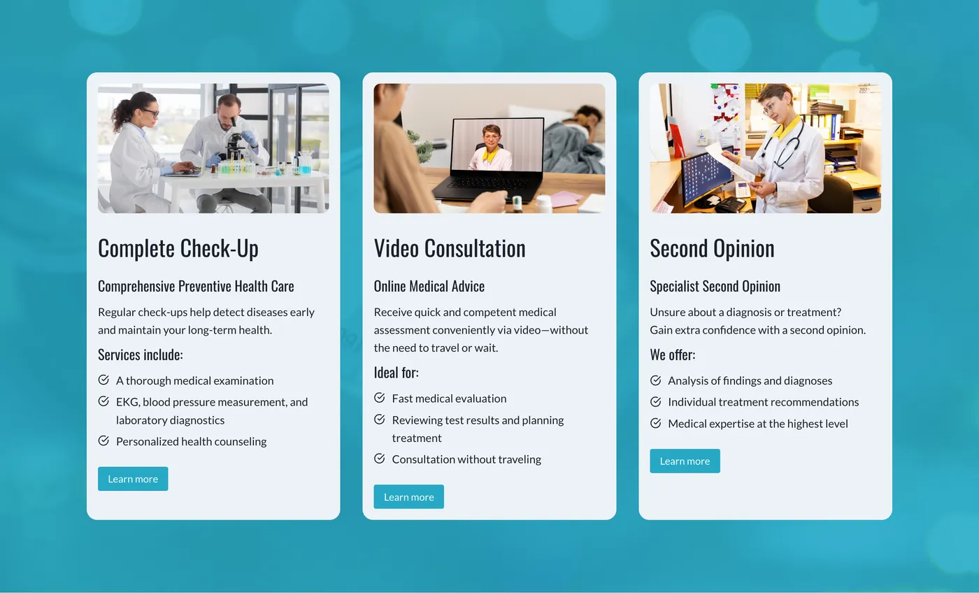 Three services on the home page: complete check-up, video consultation, second opinion