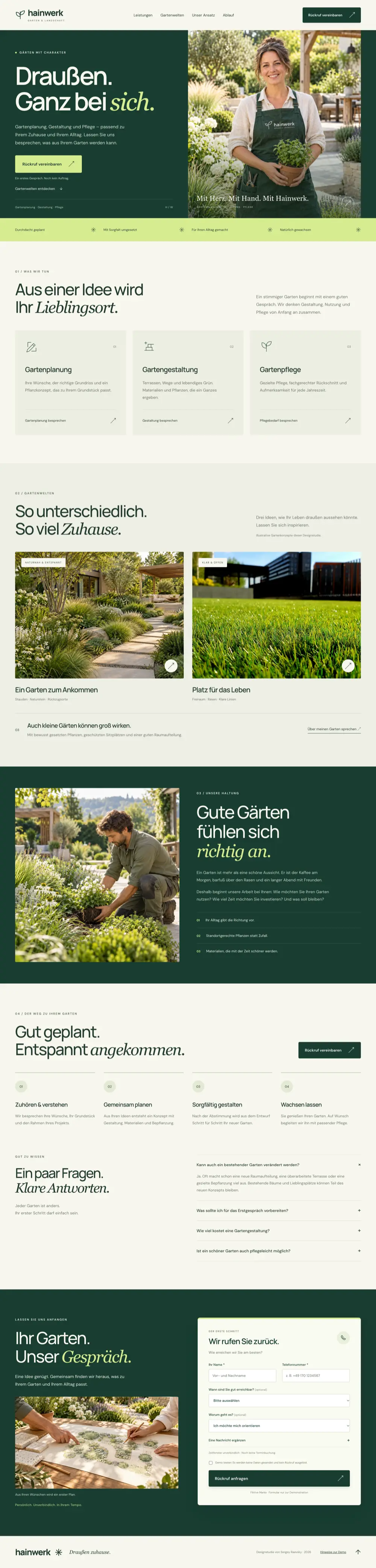 Website design for a landscaping studio: the full home page, an example of a subscription website