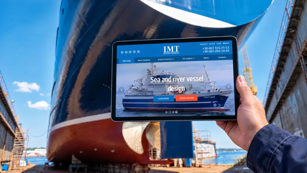 IMT-Design engineering bureau website on a tablet at a shipyard