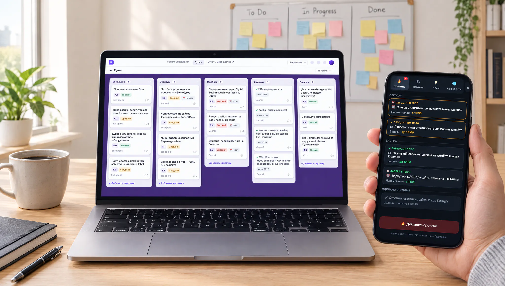 A laptop with the SR Hub ideas kanban board, a hand holding a phone with a list of urgent tasks, paper sticky notes on the wall: cover of a case about my own SR Hub plugin