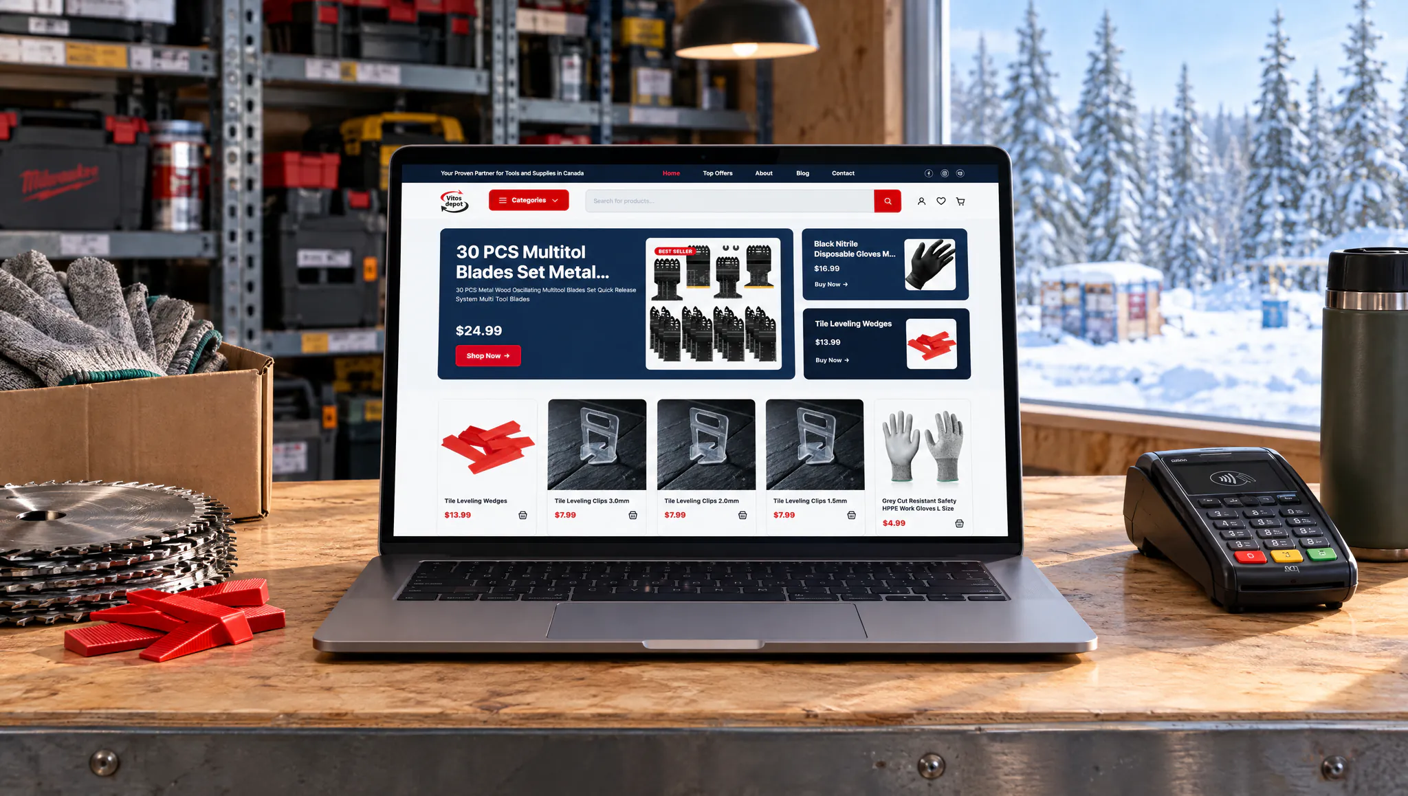 A laptop with an online tool store on a pickup counter, next to gloves, saw blades and a card terminal, a snowy forest outside the window: cover of a case about an online store in Canada