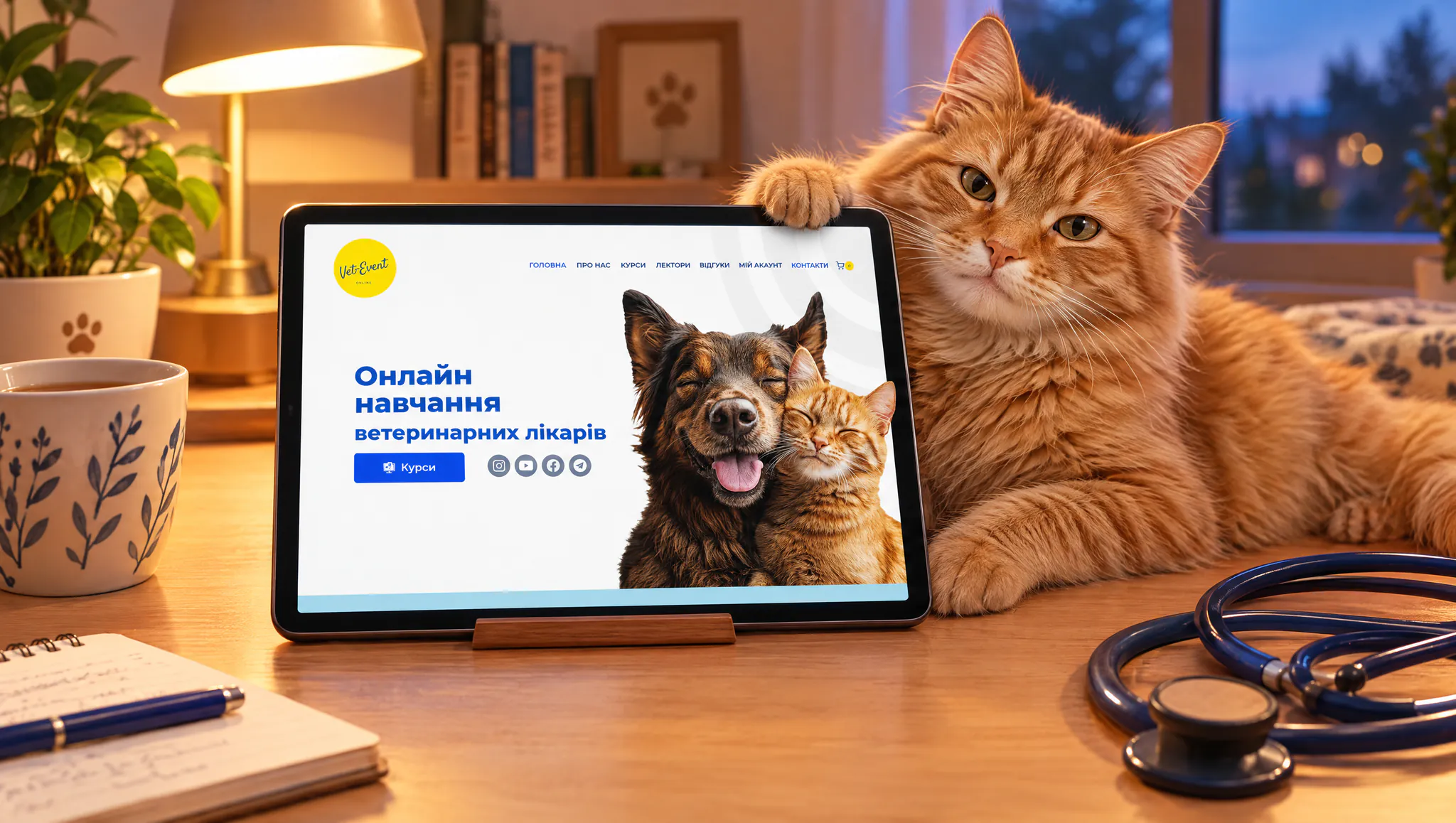 A tablet with the home page of an online course platform for veterinarians on a home desk, a ginger cat with its paw on the tablet: cover of a case about an online course platform